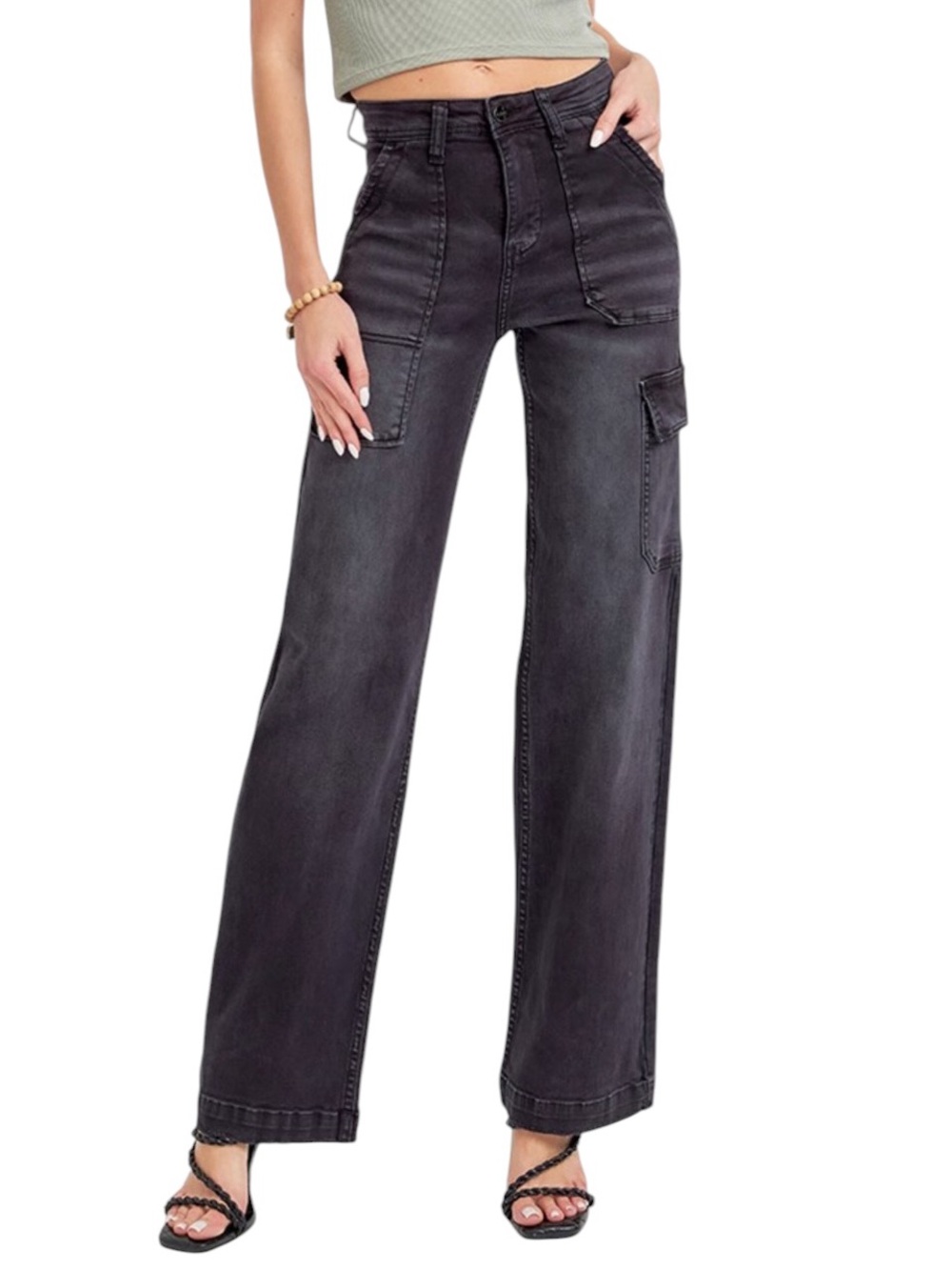 High-Waist Black Wide Leg Cargo Jeans